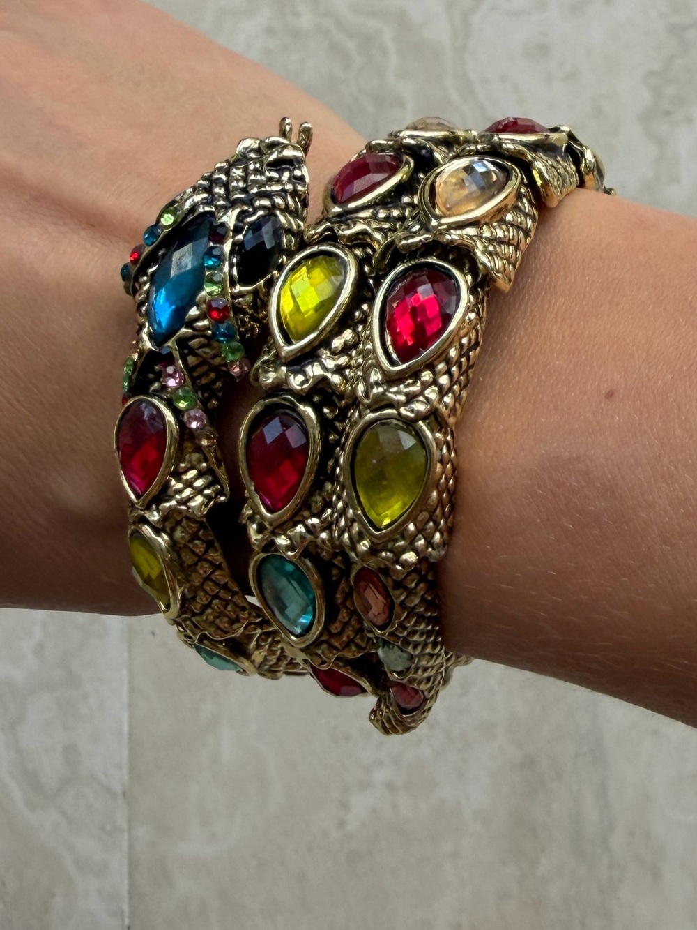 Multigem Snake Coil Bracelet - Gold Tone with Red, Blue, Yellow and Clear Stones